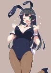  1girl agano_(kantai_collection) alternate_costume animal_ears bare_shoulders black_hair breasts bunnysuit cleavage green_eyes heart highres hoppege kantai_collection large_breasts long_hair pantyhose rabbit_ears solo wink wrist_cuffs 