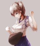  1girl aircraft_carrier brown_eyes brown_hair highres japanese_clothes kaga_(kantai_collection) kantai_collection muneate open_mouth satoru_f short_hair side_ponytail simple_background solo 