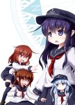  4girls akatsuki_(kantai_collection) blue_eyes blue_hair blush brown_hair chipika compass hat hibiki_(kantai_collection) ikazuchi_(kantai_collection) inazuma_(kantai_collection) kantai_collection long_hair multiple_girls open_mouth pointing purple_hair short_hair simple_background skirt smile thighhighs violet_eyes white_background 