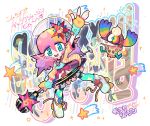  +_+ 1girl bird blue_eyes choker cover cover_page fingerless_gloves galaxxxy gashi-gashi gloves helmet microphone microphone_stand original pantyhose pink_hair psychedelic roller_skates skates skirt solo_focus 