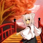  1girl bridge hat inubashiri_momiji long_sleeves looking_at_viewer looking_back red_eyes ribbon-trimmed_sleeves ribbon_trim s_katsuo shirt skirt smile tokin_hat touhou tree twilight white_shirt wide_sleeves 