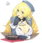  1girl angelo_(gomahangetsu) atago_(kantai_collection) black_gloves blonde_hair blush breasts chocolate dated food gloves green_eyes hat kantai_collection large_breasts long_hair military military_uniform open_mouth personification solo uniform 