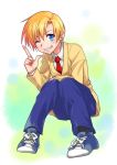  1boy blonde_hair blue_eyes clannad misaki_juri school_uniform short_hair sitting smile sunohara_youhei wink 