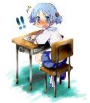  ! 1girl blue_eyes blue_hair blush book chair embarrassed naganohara_mio nichijou open_mouth pencil school_uniform short_twintails sitting solo table tendosora twintails 
