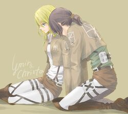  2girls black_hair blonde_hair blue_eyes boots brown_background brown_boots character_name christa_renz dated full_body hair_between_eyes jacket knee_boots kneeling light_smile multiple_girls shingeki_no_kyojin short_hair short_ponytail signature simple_background sitting three-dimensional_maneuver_gear togami_(loveu) uniform ymir_(shingeki_no_kyojin) 