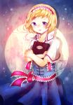  alice_margatroid blonde_hair blue_eyes book book_hug capelet cowboy_shot dress full_moon hairband highres holding holding_book junna_(minon1) lolita_hairband looking_at_viewer moon multicolored_background parted_lips ribbon sash shadow short_hair touhou 