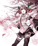  1girl absurdres cherry cherry_blossoms detached_sleeves food fruit hatsune_miku headphones highres long_hair necktie open_mouth pink_eyes pink_hair sakura_miku sigmasmail skirt solo thighhighs twintails very_long_hair vocaloid 