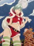  1girl absurdres beard bell belt capelet chimney choker christmas cityscape facial_hair from_below hat highres hood kubonouchi_eisaku lips looking_at_viewer looking_down moon original parted_lips reindeer sack santa_costume santa_hat short_hair solo_focus striped striped_legwear thighhighs 