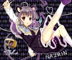  1girl :&lt; animal_ears argyle argyle_background basket capelet cnm dowsing_rod dress gem grey_dress grey_hair heart heart_of_string jewelry long_sleeves mouse mouse_ears mouse_tail nazrin necklace pendant red_eyes ribbon solo tail tail_ribbon touhou upskirt 