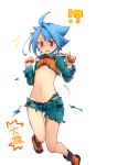  !? 1boy blue_hair blush fingerless_gloves future_card_buddyfight gloves male navel open_mouth red_eyes ryuuenji_tasuku simple_background solo thigh_gap tobi_(one) torn_clothes translation_request trap white_background wide_hips 