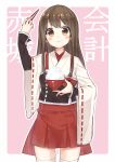  1girl adapted_costume akagi_(kantai_collection) brown_eyes brown_hair chopsticks food food_on_face japanese_clothes kantai_collection long_hair personification ribbon-trimmed_sleeves ribbon_trim rice shima_(shima_je) side_ponytail smile solo thighhighs 