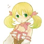  1girl atelier_(series) atelier_rorona ayu_(mog) bare_shoulders blonde_hair breasts cleavage detached_sleeves green_eyes hair_ribbon lionela_heinze open_mouth ribbon solo sweatdrop tears twintails 