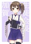  1girl adapted_costume aircraft_carrier brown_eyes brown_hair hand_on_hip japanese_clothes kaga_(kantai_collection) kantai_collection personification ribbon-trimmed_sleeves ribbon_trim shima_(shima_je) short_hair side_ponytail solo thighhighs 