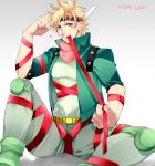  1boy blonde_hair caesar_anthonio_zeppeli facial_mark feathers fingerless_gloves gloves green_eyes green_jacket haine_(howling) hair_feathers headband jacket jojo_no_kimyou_na_bouken ribbon solo 