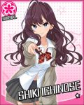  1girl ahoge blue_eyes brown_hair character_name earrings ichinose_shiki idolmaster idolmaster_cinderella_girls jacket jewelry long_hair looking_at_viewer loose_clothes navel official_art pointing skirt smile solo 