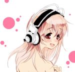  1girl back blush headphones long_hair lowres nitroplus nude open_mouth pink_hair red_eyes solo super_sonico 