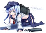  1girl all_fours blue_eyes blue_hair blush chipika commentary_request hat hibiki_(kantai_collection) kantai_collection long_hair looking_at_viewer school_uniform serafuku simple_background solo thighhighs torn_clothes translation_request white_background 