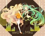  2girls blonde_hair boots character_name detached_sleeves green_eyes green_hair hatsune_miku holding_hands long_hair multiple_girls necktie open_mouth seeu skirt standing_on_one_leg thigh_boots thighhighs twintails very_long_hair vocaloid wink yult 