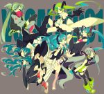  6+girls aqua_eyes aqua_hair barefoot copyright_name detached_sleeves finger_to_mouth fingerless_gloves gloves green_eyes green_hair hatsune_miku headphones long_hair multiple_girls multiple_persona nail_polish pantyhose scarf skirt thighhighs twintails very_long_hair vocaloid yamada_kei 
