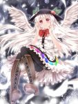  1girl alternate_color alternate_hair_color angel_wings black_legwear blush boots cloudy_sky cross-laced_footwear food fruit full_moon hat hinanawi_tenshi lace-up_boots long_hair looking_at_viewer m.u.g.e.n mixarumixa moon night night_sky pantyhose peach red_eyes sky solo thighband_pantyhose touhou white_hair wings 
