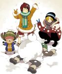  4boys antlers beanie black_hair blonde_hair branch buried creature eyebrows facial_hair fur_trim gloves goatee green_hair hat hiyok2 hood hooves jacket lying monkey_d_luffy multiple_boys on_stomach one_piece roronoa_zoro sandals sanji scarf short_hair shorts smile snow snowball snowing squatting standing v 