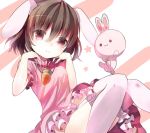  1girl animal_ears brown_hair carrying dress garter_straps inaba_tewi jewelry looking_at_viewer necklace opopowa pendant pink_dress pink_eyes puffy_sleeves rabbit rabbit_ears short_sleeves solo thighhighs touhou white_legwear zettai_ryouiki 