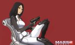  1girl black_hair bodysuit boots chair clip_(weapon) copyright_name electric_sheep gun highres knee_boots lips long_hair mass_effect mass_effect_2 miranda_lawson nose pistol red_background sitting weapon 