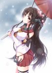  1girl brown_eyes brown_hair hair_ornament kantai_collection light_smile long_hair looking_at_viewer oriental_umbrella personification ponytail shima_(shima_je) snowing solo thighhighs umbrella very_long_hair winter yamato_(kantai_collection) 