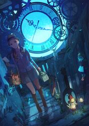  1girl basket brown_eyes brown_hair clock dark deer doll flower guitar hat instrument long_hair nutcracker ooi_choon_liang original solo spider_web 