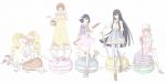  5girls alternate_costume basket baton black_hair blonde_hair boots bow crossed_legs dress drill_hair fashion food fork fur_hat hair_bow harime_nui hat highres jacket jakuzure_nonon kill_la_kill kiryuuin_satsuki knife letterman_jacket long_hair macaron mankanshoku_mako matoi_ryuuko midriff multiple_girls necktie pantyhose pink_hair pins red_string scissor_blade scissors senketsu shoes short_hair sitting skirt sneakers standing string thighhighs todo-akira twin_drills twintails 