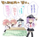  &gt;_&lt; 4girls akatsuki_(kantai_collection) black_legwear blue_eyes brown_eyes brown_hair folded_ponytail hand_on_hip hat hibiki_(kantai_collection) ikazuchi_(kantai_collection) inazuma_(kantai_collection) kantai_collection kotatsu long_hair makizushi multiple_girls neckerchief personification pointing pointing_up shirogane_hina short_hair silver_hair skirt sushi table tears thighhighs translation_request violet_eyes 