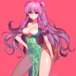  1girl breasts china_dress chinese_clothes cleavage collarbone double_bun eyelashes hand_on_hip long_hair pink_background purple_hair ranma_1/2 seoji shampoo_(ranma_1/2) solo violet_eyes 