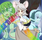 1boy 3girls animal_ears ascot basket blush bust evil_grin evil_smile frog_hair_ornament green_eyes green_hair grey_hair grin hair_ornament hair_tubes jewelry kochiya_sanae konpaku_youmu morichika_rinnosuke mouse mouse_ears mouse_tail multiple_girls nazrin open_mouth pendant prehensile_tail red_eyes sag_(karehabase) short_hair smile snake_hair_ornament sorcerer&#039;s_sutra_scroll tail talisman touhou