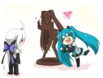  2girls ahoge aqua_hair chaotic_dragon chibi chocolate closed_eyes detached_sleeves hatsune_miku heart long_hair midriff multiple_girls necktie open_mouth ponytail red_eyes skirt standing_on_one_leg statue sweatdrop thighhighs twintails valentine very_long_hair vocaloid white_hair wink yowane_haku yuri 