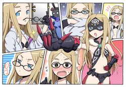  armband bare_shoulders black_bra black_gloves black_panties blonde_hair blue_eyes blush bra closed_eyes fang fur_trim gauntlets glasses gloves half_gloves kurara_hashimoto labcoat long_hair long_sleeves lowleg lowleg_panties lowleg_skirt mask midriff natasha_(sekai_seifuku) navel open_mouth panties roboko_(sekai_seifuku) sekai_seifuku:_bouryaku_no_zvezda star tears underwear v venera-sama venera-sama_(cosplay) yawning 