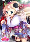  1girl :d black_legwear blonde_hair blue_eyes bridge bucchake_(asami) furisode garter_straps japanese_clothes kimono open_mouth smile solo thighhighs 