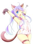  animal_ears arm_behind_head arms_up blue_eyes blue_hair blush bodysuit cat_ears elin_(tera) gloves highres kt_cano long_hair open_mouth stretch tail tears tera_online wink yawning 
