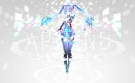  1girl anklet aqua_eyes barefoot blue_hair bridal_gauntlets digital_dissolve floating_hair green_eyes hatsune_miku highres iori_yakatabako jewelry long_hair miku_append outstretched_arm solo thighhighs twintails very_long_hair vocaloid vocaloid_append 