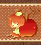  1girl absurdres apple blush brown_hair character_request closed_eyes copyright_request food fruit heart highres leaf mike_(mikeneko) minigirl ribbon short_hair sitting 