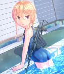  1girl aps arm_support ass blonde_hair dreadtie dutch_angle gun highres jessica_jefferson long_hair original payot ponytail pool red_eyes rifle school_swimsuit solo swimsuit very_long_hair water weapon wet 