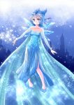  1girl blue_eyes blue_hair bow caibao cape cirno cityscape collarbone cosplay dress elsa_(frozen) elsa_(frozen)_(cosplay) flying frozen_(disney) gradient gradient_background hair_bow highres ice ice_wings looking_at_viewer short_hair smile solo sparkle strapless_dress touhou wings 