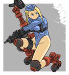  ahoge armpit_holster blonde_hair blue_eyes braid cammy_white clothed_navel dual_wielding garrison_cap gun gunspike hat holster huge_ahoge inline_skates knee_pads leotard long_hair one_knee ribbed_leotard roller_skates skates solo submachine_gun twin_braids weapon 