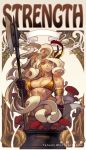  1girl amazon_(dragon&#039;s_crown) armlet axe bare_shoulders blonde_hair breasts brown_eyes curly_hair dragon&#039;s_crown feathers hair_feathers highres long_hair mushroom polearm sayo_tanku solo weapon 