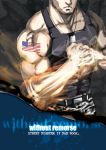  1boy abs alternate_color american_flag clenched_hand dog_tags guile muscle out_of_frame rokko_(zerocco) solo street_fighter tank_top tattoo 