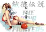  1girl ass breasts brown_eyes brown_hair character_name copyright_name from_behind huge_breasts king_of_fighters lips long_hair looking_back parted_lips ponytail shiranui_mai signature solo wakino_keibun 