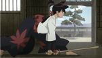  1boy animated animated_gif black_hair japanese_clothes katanagatari leaf long_hair maple_leaf screencap sword tagme very_long_hair weapon yasuri_shichika 