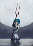  1girl absurdres ass ayanami_rei blue_hair breasts cloudy_sky highres holding holding_weapon lance_of_longinus lips looking_back neon_genesis_evangelion night night_sky nose plugsuit red_eyes reflection short_hair sky standing wading water yuuuuuuuuuuuuka 