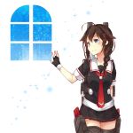  1girl blue_eyes braid brown_hair cannon fingerless_gloves gloves hair_ornament kantai_collection long_hair personification pleated_skirt satsumi school_uniform serafuku shigure_(kantai_collection) single_braid skirt smile solo torpedo turret window 