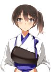  1girl aircraft_carrier blush brown_eyes brown_hair highres kaga_(kantai_collection) kantai_collection karlwolf looking_at_viewer muneate open_mouth personification short_hair side_ponytail solo 