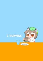  1girl :3 animal_ears bkub blue_background bow brown_hair cat_ears chen chibi english food glass hamburger hat long_sleeves orange_eyes piercing plate solo touhou 